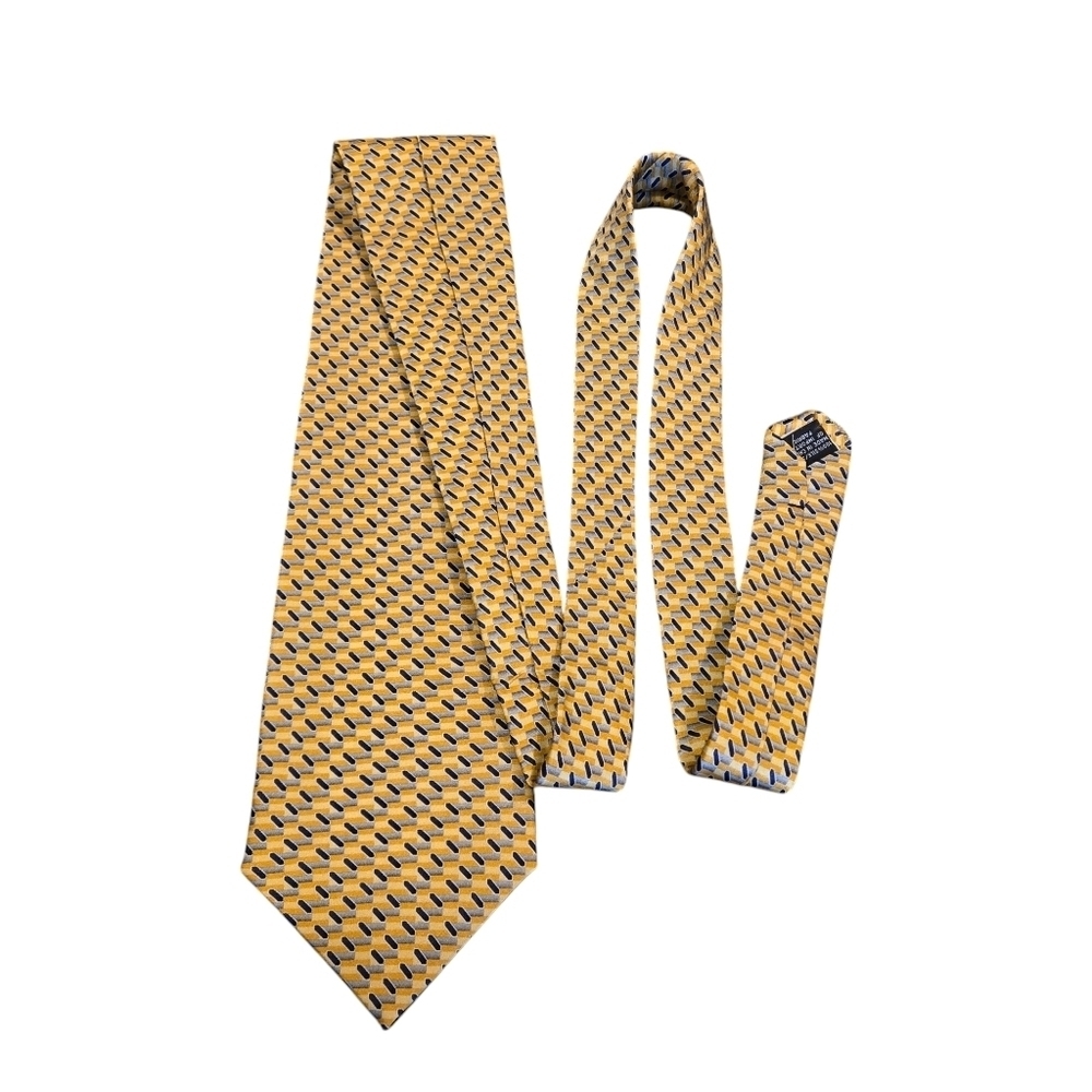 NEO Bill Blass Necktie 100% Silk Geometric Pattern Golden Yellow Blue Black